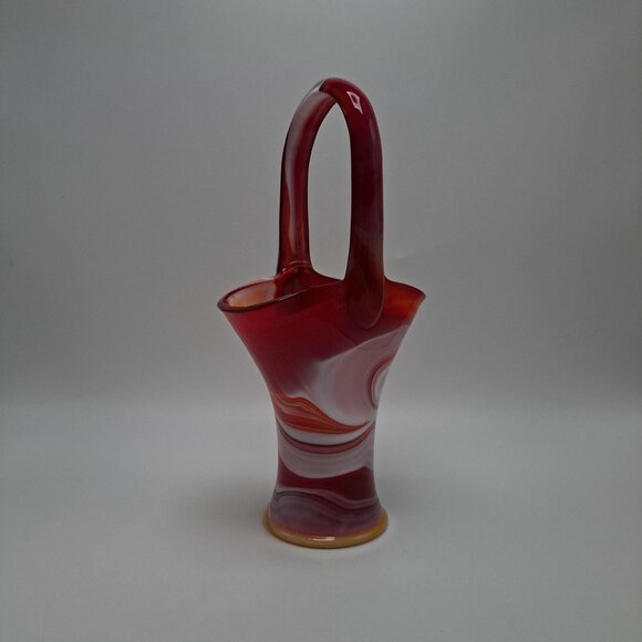 Imperial Slag Glass Basket Swirled Red & White Design Vintage Decorative Piece - Picture 3 of 16
